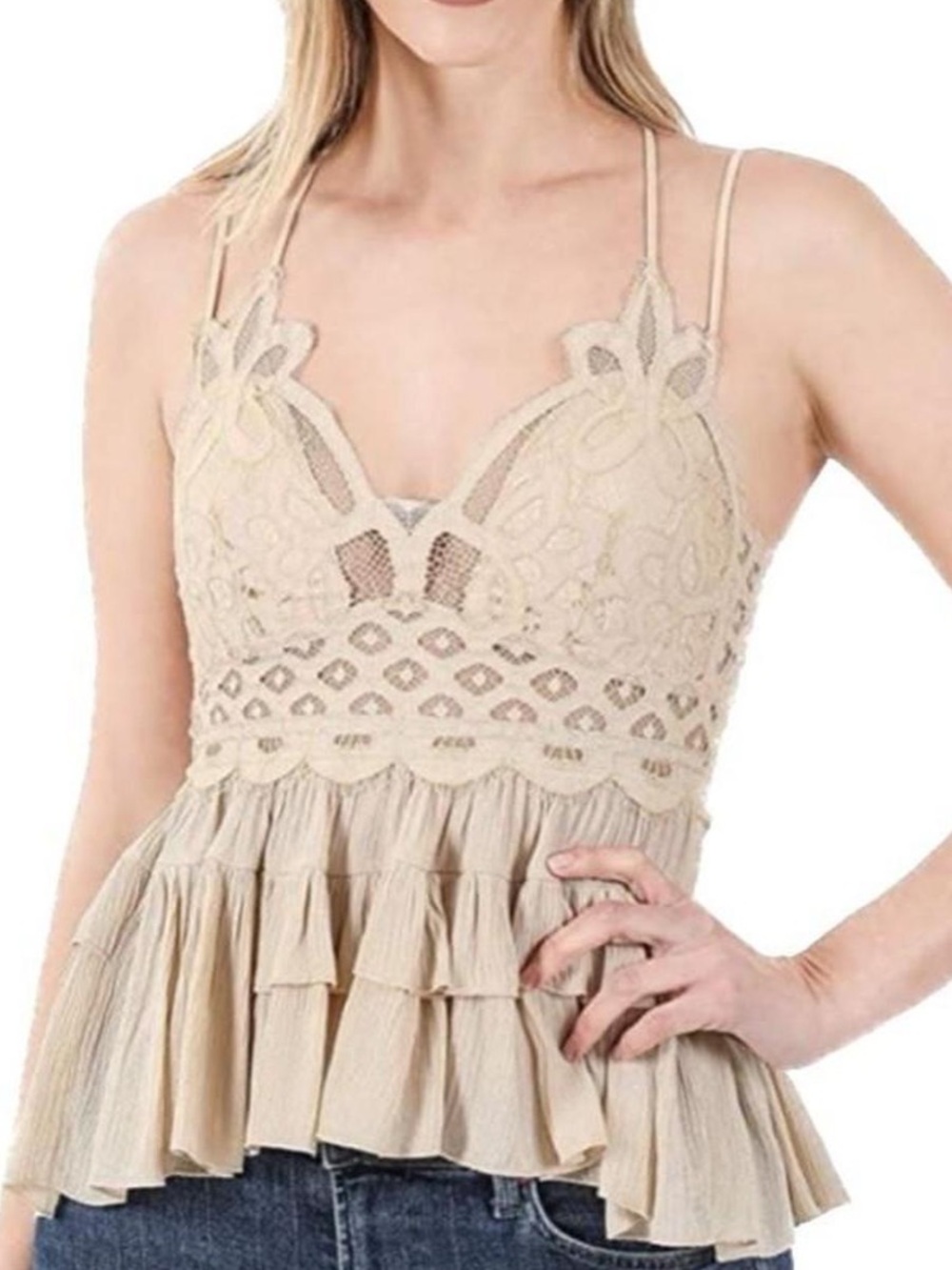 Zenana Outfitters Lace Crochet Peplum Cami Top. Women’s Sz-XL | Cream | Ruffle